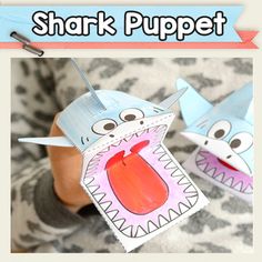 two paper crafts with the words shark puppet on them and an image of a child's mouth