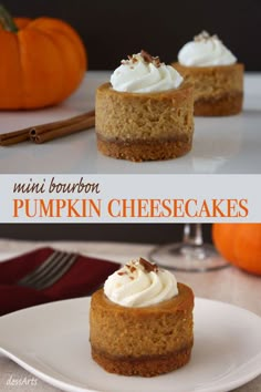 mini bourbon pumpkin cheesecakes on a white plate with whipped cream in the middle