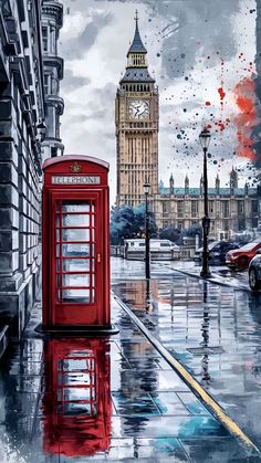 a red phone booth sitting in the middle of a street