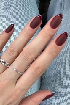 Matte Tip Nails Almond, Fall Matte Nails With Glossy Tips, Maroon Velvet Nails, Matte Red Nails With Shiny Tips, Red Wine Matte Nails, Matte Nail With Gloss Tip, Dark Matte Red Nails, Matte Tips On Nails, Matte Cranberry Nails