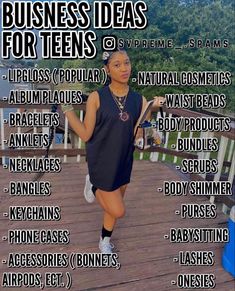 a woman standing on top of a wooden deck next to a sign that says business ideas for teens