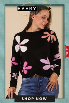 Multicolor Floral Print Sweater Casual Floral Print Sweater For Fall, Trendy Floral Print Tops For Winter, Casual Black Sweater For Spring, Spring Trendy Crew Neck Outerwear, Trendy Spring Crew Neck Outerwear, Trendy Spring Outerwear With Crew Neck, Trendy Crew Neck Outerwear For Spring, Spring Multicolor Crew Neck Outerwear, Trendy Multicolor Spring Sweater