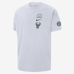 Rep your team and the town they call home in this relaxed-fit Bucks T-shirt. White Nike T-shirt For Game Day, White Collegiate T-shirt With Team Logo, White T-shirt With Team Logo For Fans, Nike Casual T-shirt With Team Logo, Nike White T-shirt For Fan Gear, White T-shirt With Team Logo For Fan Gear, White Nike T-shirt With Team Name, White Nike T-shirt With Team Spirit, Nike White Team Spirit T-shirt