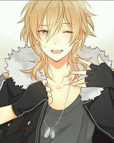 an anime character with blonde hair and black gloves