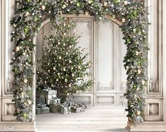 an archway decorated with christmas trees and presents