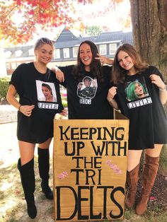 three girls holding up t - shirts that say keeping up with the tri deis