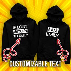 Funny Couple Hoodie that is perfect for you. Customizable and lets you show how funny and happy you are with your love one. Be sure to purchase 2 items for both designs. Also, please specify which names should go on which design. Be sure to purchase 2 items for both designs. Also, please specify which names should go on which design. HOW TO ORDER: 1. Select the garment size & color 2. Add your text/personalization request 3. Choose your text color & font 4. Choose the location of your design (i. Funny Hooded Sweatshirt With Letter Print, Funny Hooded Sweatshirt For Winter, Funny Hooded Hoodie For Streetwear, Personalized Cotton Hoodie For Winter, Funny Winter Hooded Sweatshirt, Casual Personalized Hooded Hoodie, Return To Love, Best Friend Hoodies, Hoodie Couple