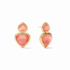 A heart-shaped gemstone enhanced with twisted golden wire detail dangles from an additional heart gem. Heart Gem, Julie Vos, Statement Earring, Pink Collection, I Remember When, Jewelry Lookbook, Gold Plated Earrings, Heart Jewelry, Earring Backs