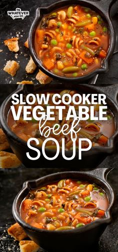 three bowls filled with vegetable beef soup on top of a black counter next to croutons