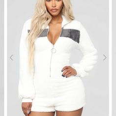 Available In Ivory/Grey Faux Fur Romper Long Sleeve Quarter Zip O-Ring Zipper Contrast Front Stripe Has Some Stretch Can Fit A Size Small/Medium Person 100% Polyester White Long Sleeve Jumpsuits For Winter, White Long Sleeve Winter Jumpsuits And Rompers, Fitted White Jumpsuits And Rompers For Winter, White Fitted Jumpsuits And Rompers For Winter, Casual White Jumpsuits And Rompers For Winter, White Fitted Winter Jumpsuit, White Trendy Jumpsuits And Rompers For Loungewear, Cozy Winter Loungewear Jumpsuits And Rompers, Romper Casual