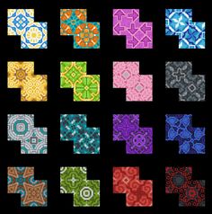 an image of different colored tiles in the style of mosaics on a black background