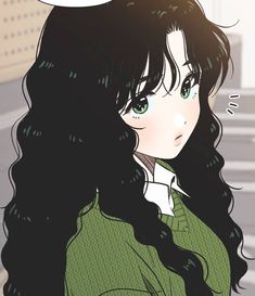 an anime character with long black hair and green eyes, wearing a green shirt while looking at the camera