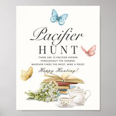 This elegant "a new chapter will begin soon" baby shower pacifier hunt game sign poster features a cream background with a piles of books, butterflies, a flower bouquet, teapot and teacup in watercolor. Personalize it for your needs. You can find matching products at my store. Bookish Baby Shower Ideas, Literary Baby Shower Ideas, Baby Shower Storybook Theme, Library Baby Shower Theme, Storybook Themed Baby Shower Ideas, A New Chapter Begins Baby Shower Theme, Baby Shower A New Chapter Begins, Story Book Theme Baby Shower Ideas, New Chapter Baby Shower Theme