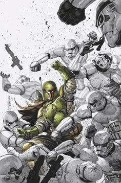 the cover to star wars is shown in black and white, with an image of boba fett surrounded by other characters