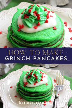 green pancakes with white frosting and red sprinkles on top, sitting on plates