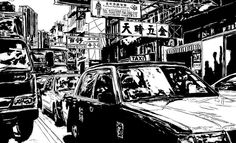 a black and white drawing of cars on a busy city street with tall buildings in the background