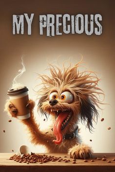 a dog holding a cup of coffee with its mouth open