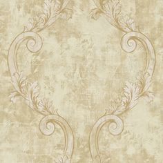 an ornate wallpaper design with scrolls and leaves on the edges, in beige tones