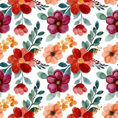 watercolor flowers on white background with red, orange and green leaves in the middle