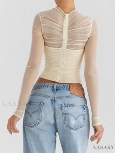 Lasaky - Sensual Sheer Mesh Zipper Long Sleeve Short Top Sheer Mesh Top, Mode Tips, Mesh Long Sleeve Top, Mesh Tops, Top Streetwear, Mesh Long Sleeve, Slim Fit Shorts, Party Tops, Solid Clothes