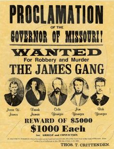 an old wanted poster for the james gang, which is being auctioned by government