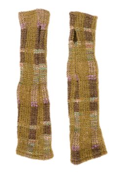 two pieces of knitted fabric with different colors and patterns on the sides, one is brown