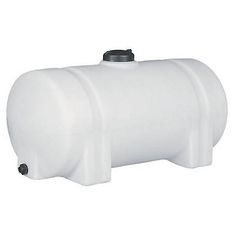 a white plastic tank with black cap on the top and bottom, is shown in front of a white background