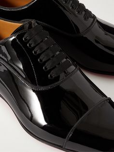 Christian Louboutin's 'Greggo' Oxford shoes have been expertly crafted in Italy from shiny patent-leather. A natural complement to formalwear, they're subtly trimmed with black grosgrain along the classic cap toes and feature signature red soles. Oxford Shoes For Men, Oxford Shoes Brown, Patent Leather Oxfords, Shiny Shoes, Square Toe Shoes, Oxford Shoes Men, Leather Oxford Shoes, Formal Shoes, Shoes Men