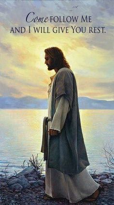 a painting of jesus walking along the water with his back turned to the camera,