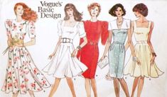 three women's dresses and one woman's dress are shown in this vintage sewing pattern