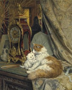 an orange and white cat laying on top of a chair next to a clock