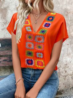 Women's Floral Print V-Neck Batwing Sleeve Casual Loose Blouse Orange Boho  Half Sleeve Woven Fabric Floral,Tribal,Textured Pattern Top Non-Stretch  Women Clothing, size features are:Bust: ,Length: ,Sleeve Length: Loose Blouse, Casual Blouse, Batwing Sleeve, Top Pattern, Bat Wings, Half Sleeves, All Fashion, Women Clothing, Womens Tees