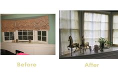 before and after photos of window curtains with horse statues in the window sill next to them