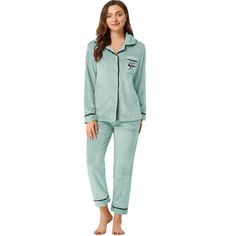 This style of sleeping shirt is convenient to take on/off, which can give you a light and simple dressing experience,keep you nice and comfortable all day. Top: long sleeve sleepwear features button-down with classic notch collar, chest single pocket. Bottom: pants featured elastic waist. The super soft pajamas set for women is classy, comfortable, and durable. Women's pajamas set is casual and classy,even if guest visits suddenly, you won't feel embarrassed, make your home life more convenient. Sleeping Shirt, Simple Dressing, Cute Sleepwear, Women's Pajamas, Soft Pajamas, Night Suit, Flannel Women, Pajama Pant, Sleepwear Sets