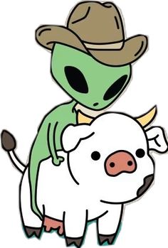 an alien riding on the back of a white cow wearing a cowboy hat and green shirt