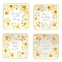 four yellow and white plates with flowers on them, one saying there is no happy place