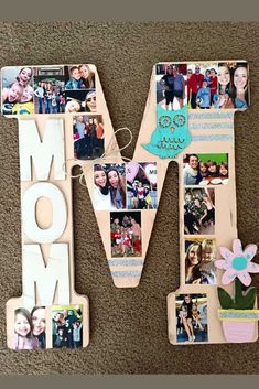 the letter m is decorated with photos and magnets to spell out mom's day