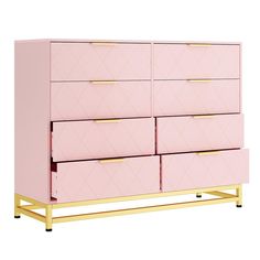 a pink dresser with gold handles and drawers on it's sides, against a white background