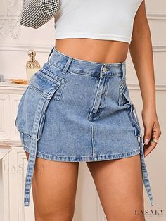 Lasaky - Denim Shorts featuring Distressed Denim Skirt with Pocket Style and Metal Button Detail Denim Outfits, Distressed Denim Skirt, Kpop Style, Denim Clothing, Skirt Denim, Denim Skirt Women, Estilo Preppy, Style Preppy, Jeans Rock