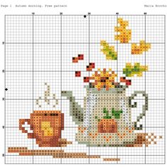 a cross stitch pattern with a teapot and flowers