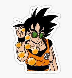 an anime character with green eyes and black hair holding oranges in his hands sticker