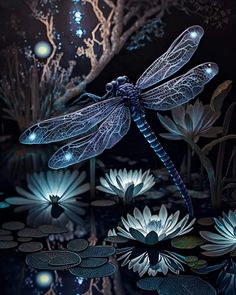 a blue dragonfly sitting on top of flowers