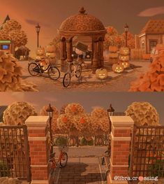 two different views of an outdoor area with pumpkins