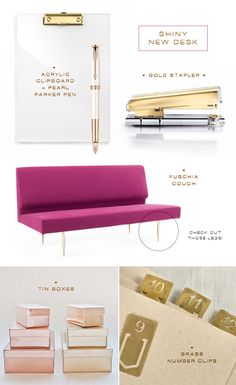 a pink couch with gold accents and other items in front of it, including a notepad