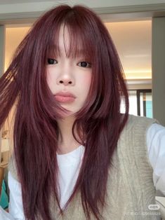 Raspberry Brown Hair Color, Hair Color Inspo Asian, Japanese Hair Dye Colour, Dyed Hair For Pale Skin, Burgundy Asian Hair, Dyed Hair On Tan Skin, Shoulder Length Hair Dye Ideas, Red Hair Color Asian, Chinese Hair Color