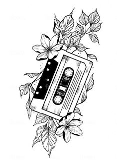 a black and white drawing of an old school tape recorder surrounded by flowers