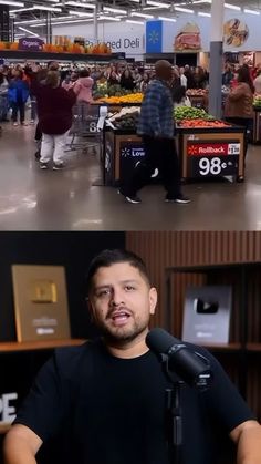 two pictures with people in the background one has a microphone and the other has an open market