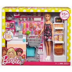 a barbie doll in a toy store with her shopping cart and food items on the shelves