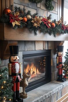 a fireplace decorated for christmas with ornaments and decorations on it, including a nutcracker