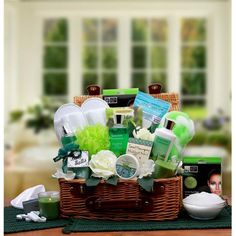 a wicker basket filled with personal care items